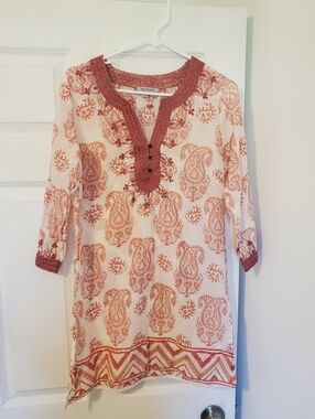 100% Cotton World Market V Neck 3/4 Sleeve Embroidered Tunic Or Mini Dress